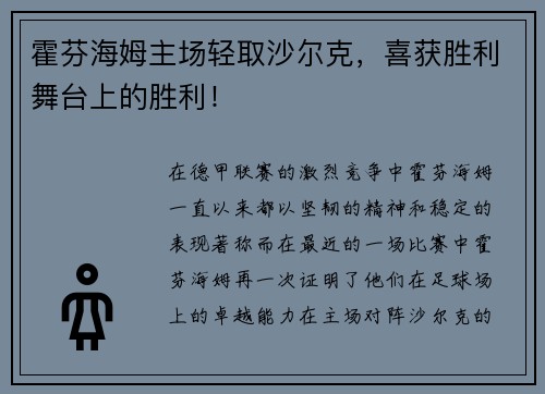 霍芬海姆主场轻取沙尔克，喜获胜利舞台上的胜利！